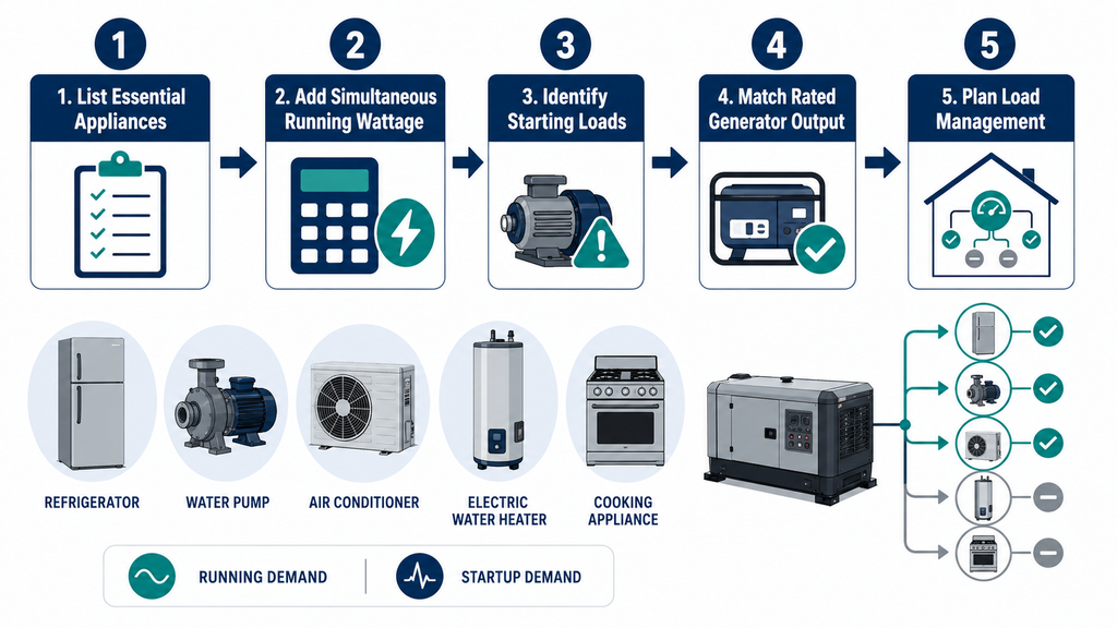 Five-step home generator sizing infographic covering appliance lists, running wattage, startup loads, and output.