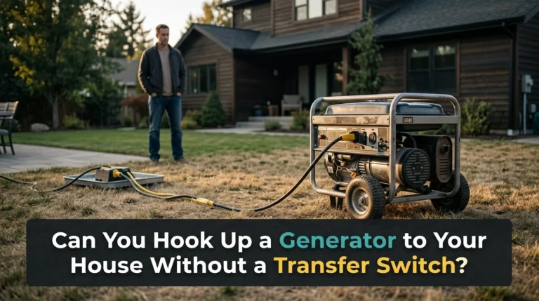 Portable generator operating safely outdoors near a suburban home during a power outage.