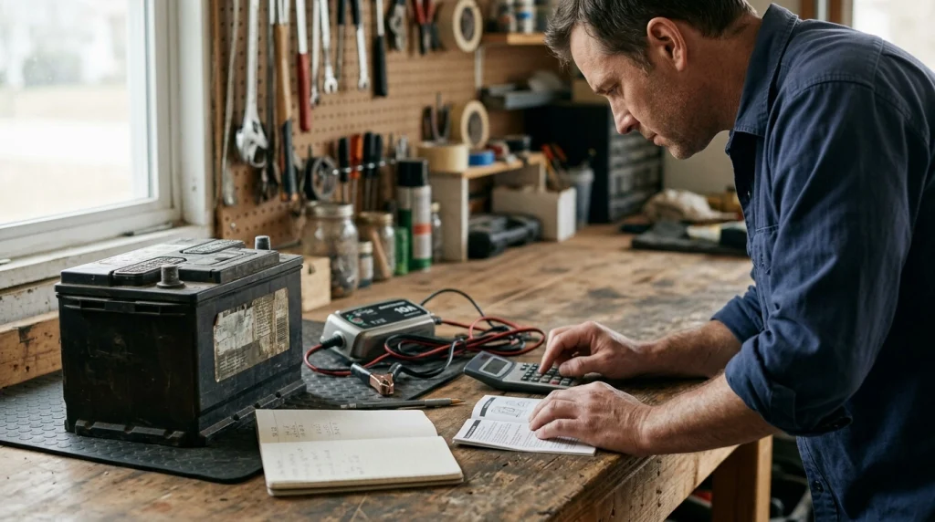 Homeowner calculating 12V battery charging time using a calculator, smart charger, and automotive battery