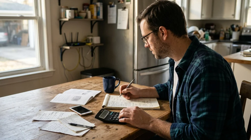 Homeowner calculating generator wattage for essential appliances using a calculator and emergency power checklist.