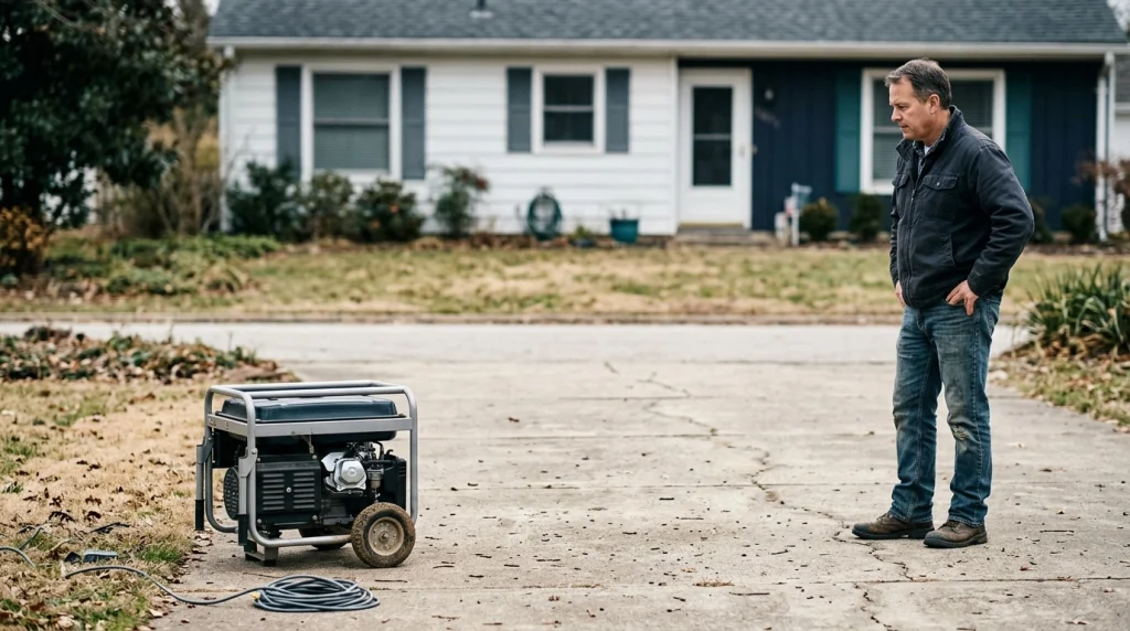 Portable generator safely positioned outdoors away from a house during emergency power outage preparation.