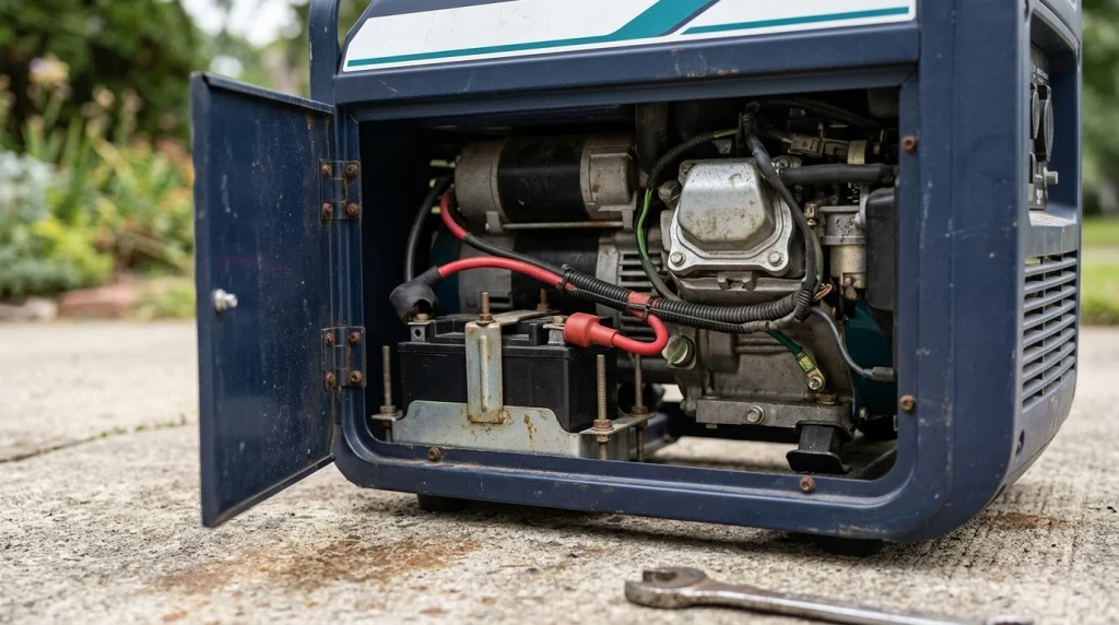 Close-up of a portable generator starting battery and connected wiring inside the generator frame