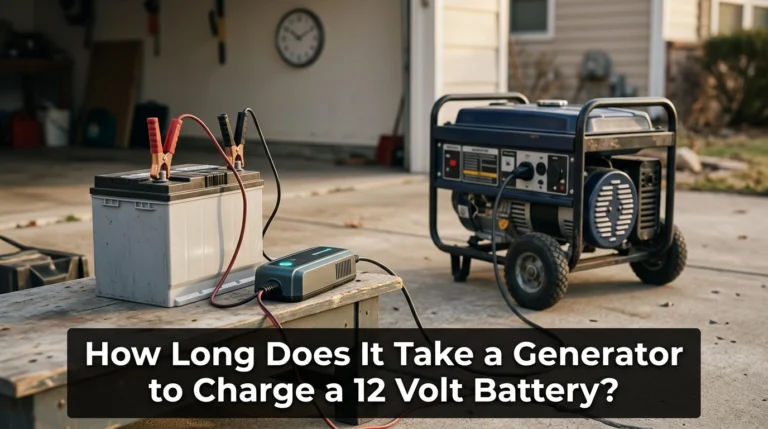 Portable generator powering a smart charger connected to a 12 volt automotive battery outdoors.