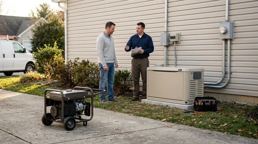 Homeowner and electrician comparing portable and standby generator installation options outside a suburban house.
