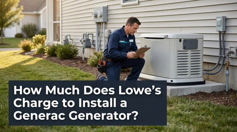 Generac standby generator installed outside a suburban home with a technician and Lowe’s installation cost title.