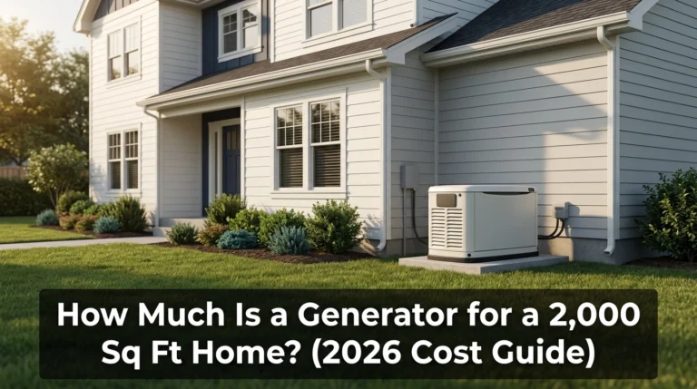 Standby generator installed beside a 2,000 sq ft suburban home illustrating 2026 generator costs