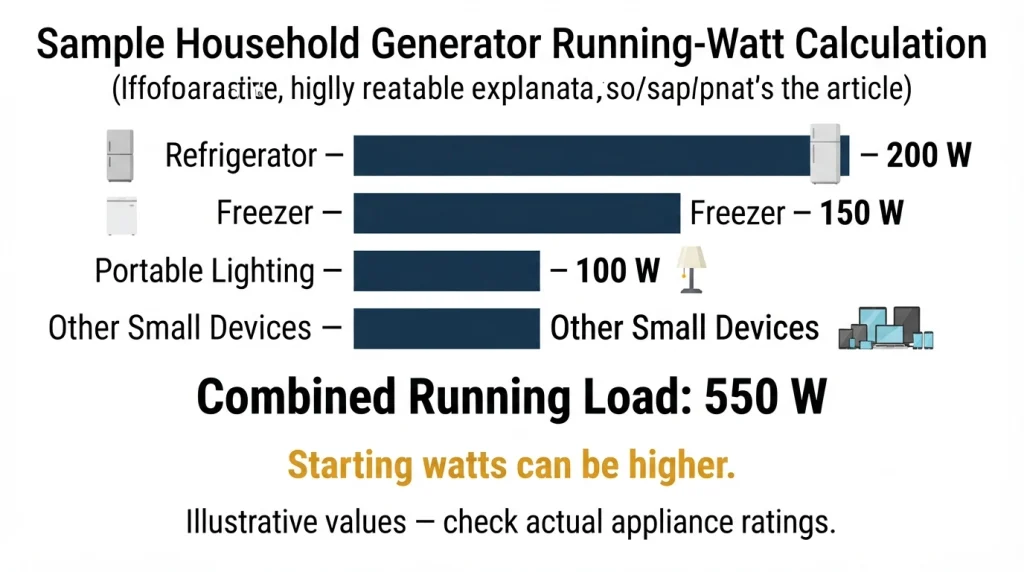 Generator load infographic showing 200W refrigerator, 150W freezer, 100W lighting, and 100W devices, totaling 550W.