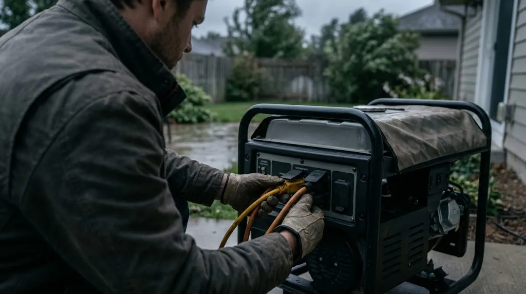 Preparing a portable generator setup outdoors with heavy-duty cords before severe weather.