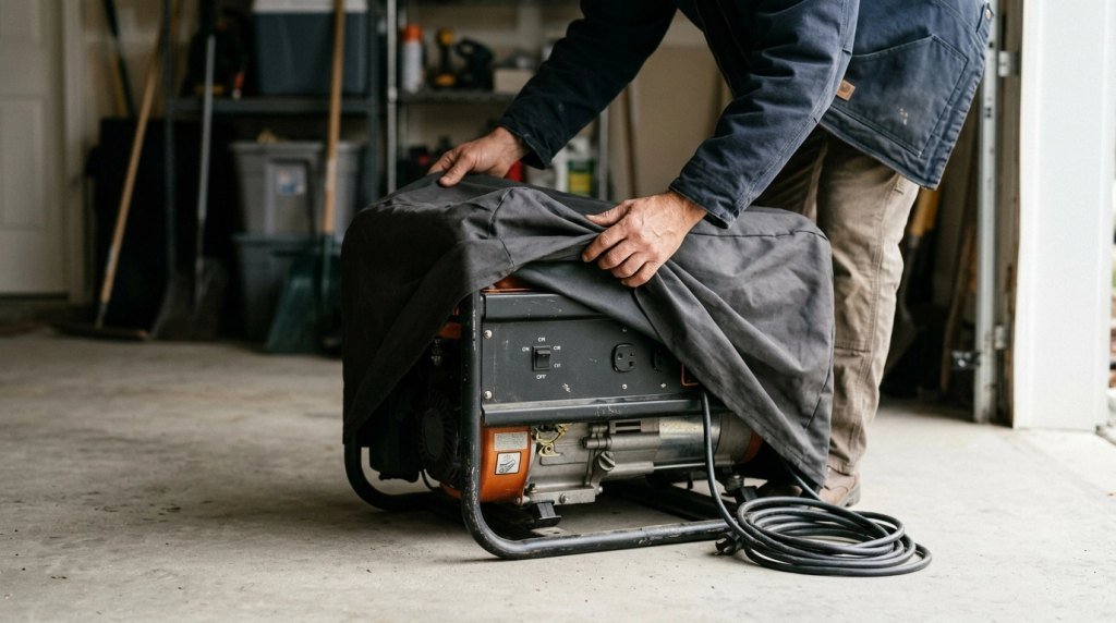 Homeowner placing a breathable storage cover over a fully cooled, switched-off portable generator.