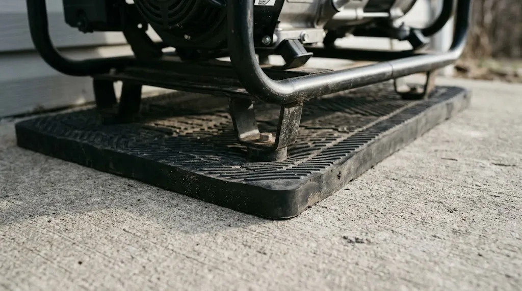 Rubber isolation pad under generator foot on concrete surface.