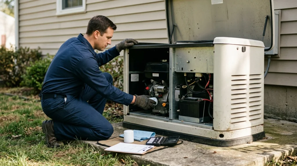 Technician performing routine maintenance on a residential standby generator with service panel open and tools nearby