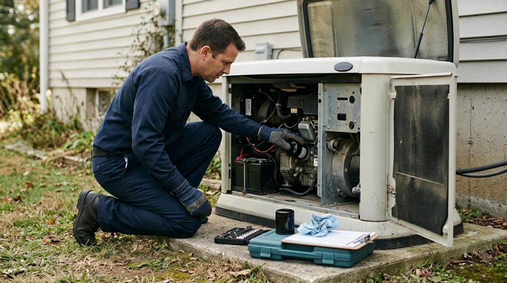 Three residential standby generator sizes compared in a showroom with a homeowner and generator dealer.