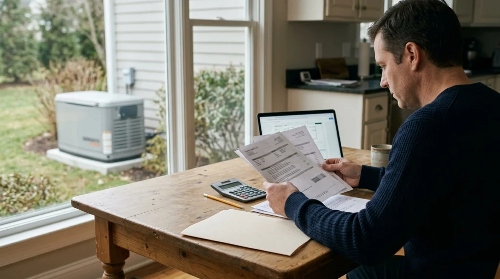 Homeowner reviewing Generac standby generator installation quotes at a kitchen table in 2026