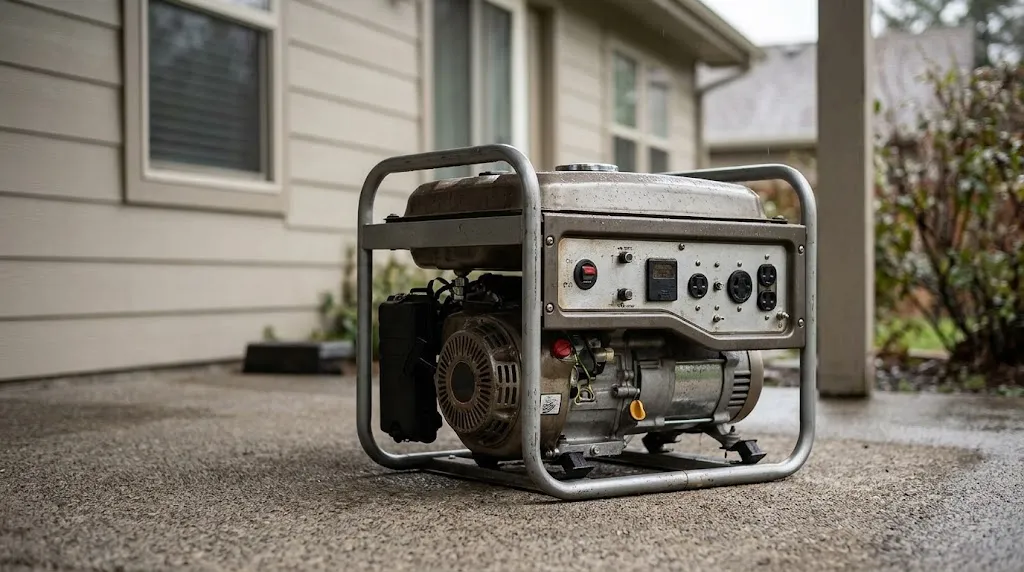 Portable generator placed 15 feet away from a house wall outdoors.