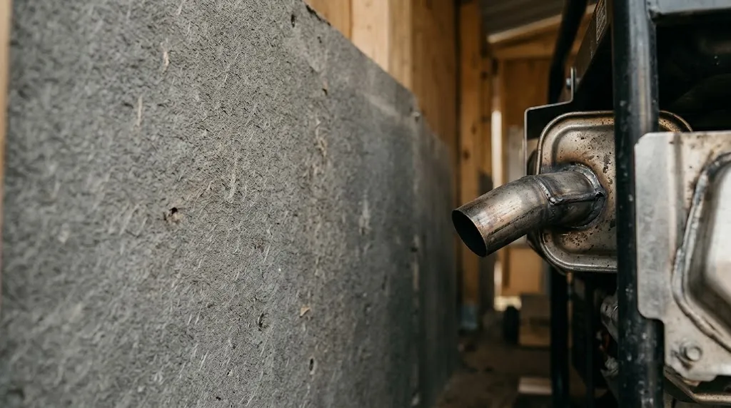 Close-up of a fireproof cement backer board shielding a generator shelter wall from exhaust heat.