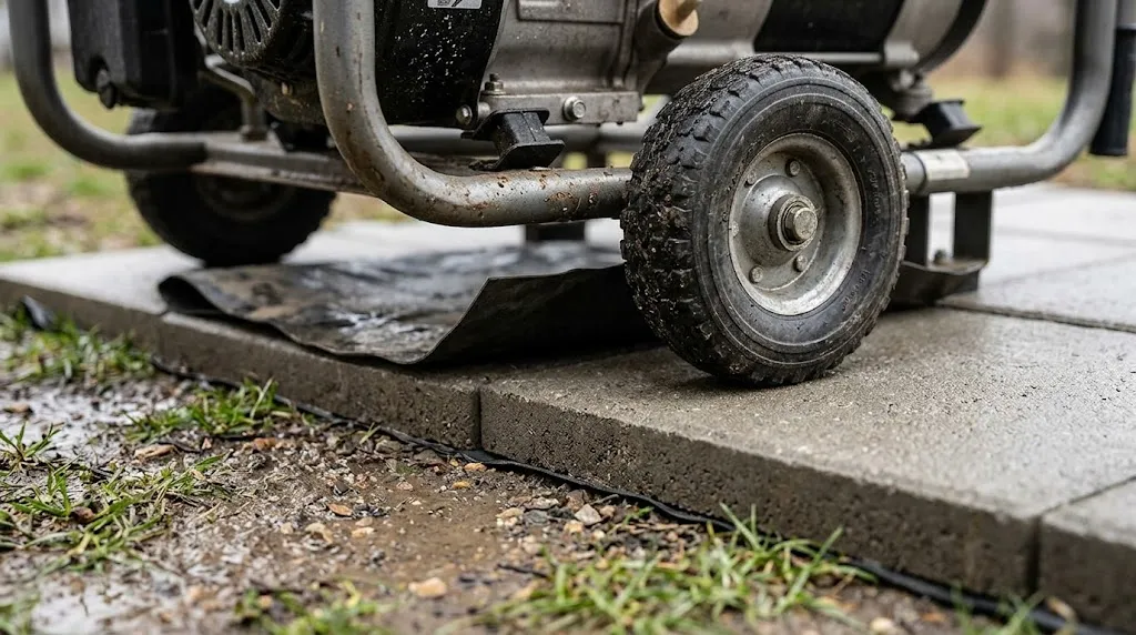 Generator base elevated securely on concrete pavers to avoid moisture damage.