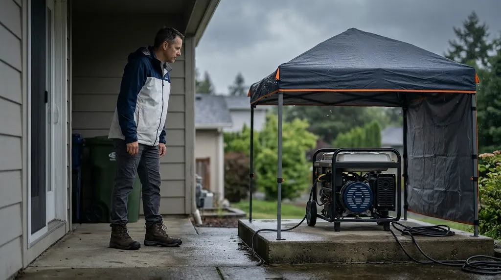 Homeowner visually checking a sheltered portable generator during rainy weather from a safe position.