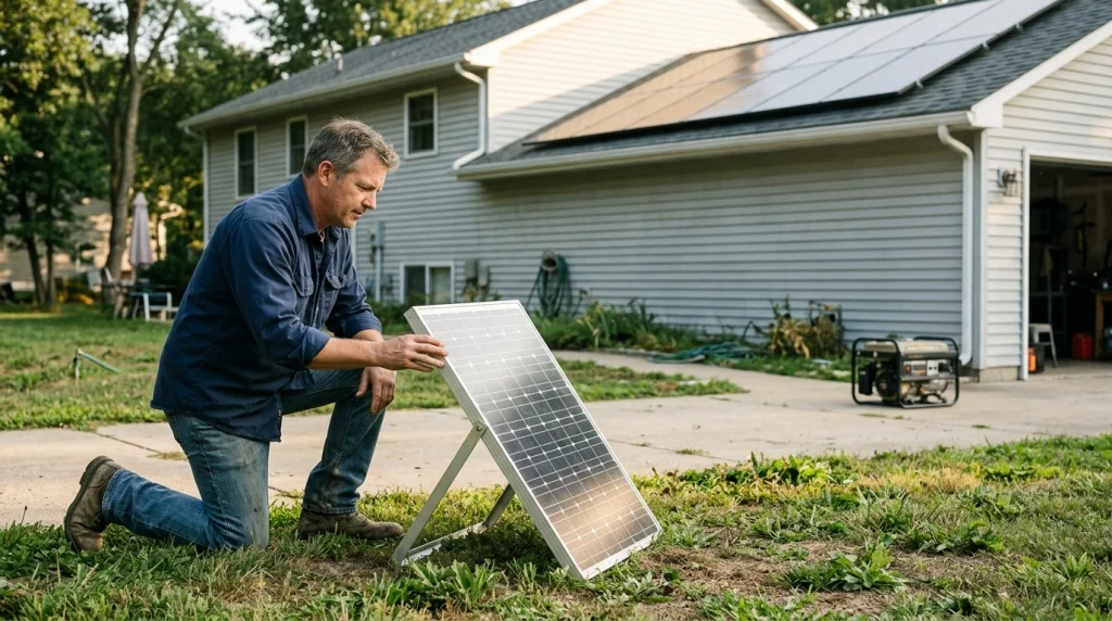 Rural landowner reviewing survey plans and construction requirements before building a legally compliant off-grid house.