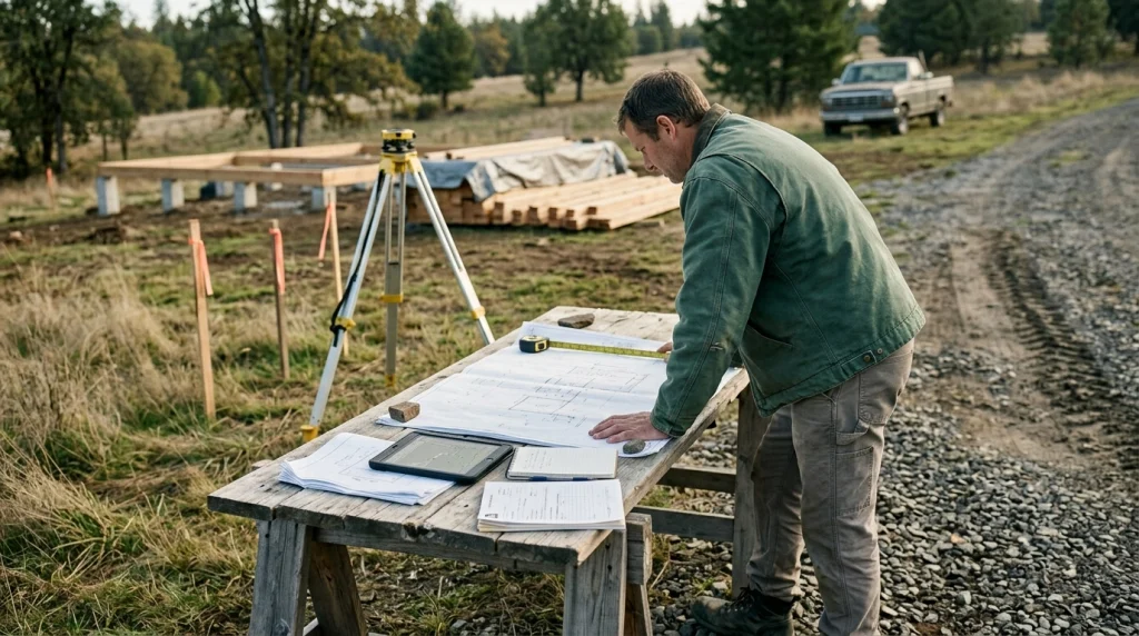 Rural landowner reviewing survey plans and construction requirements before building a legally compliant off-grid house.