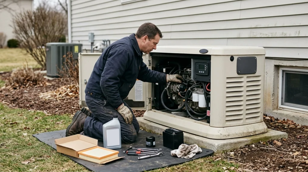 Technician servicing a residential standby generator with maintenance tools and replacement filters