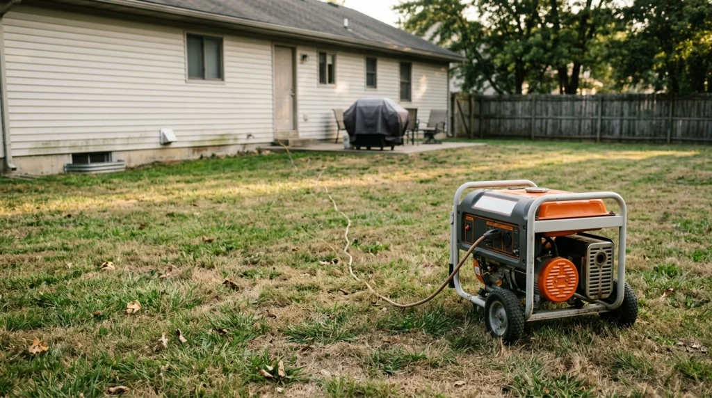 Portable generator outdoors about 20 feet from a house, away from windows, doors, and vents.