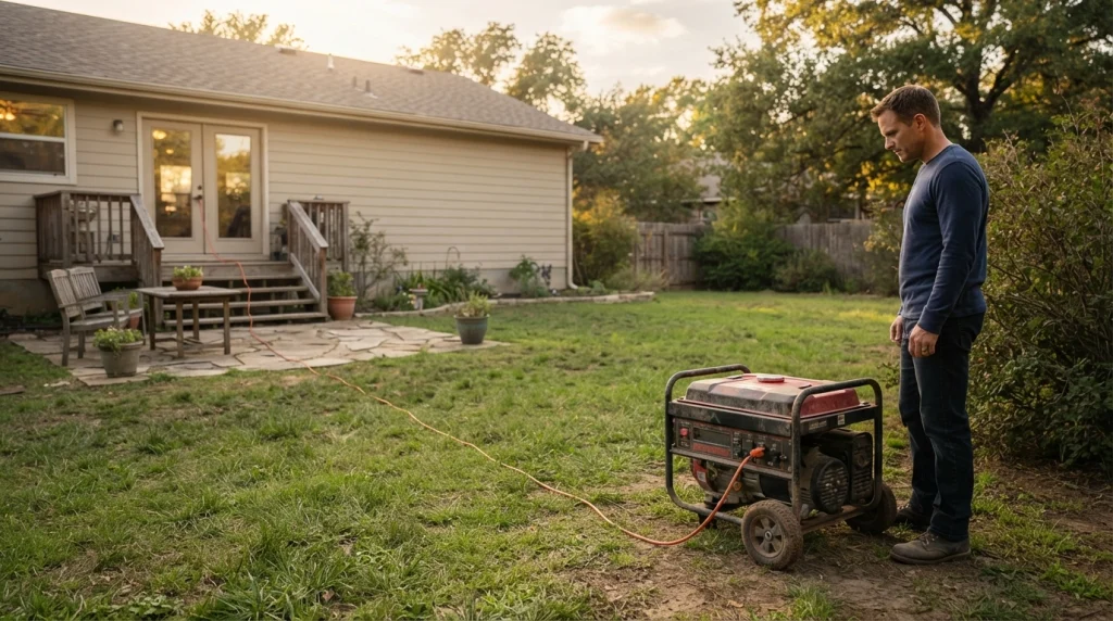 Portable generator positioned at least 20 feet from a house with exhaust directed away