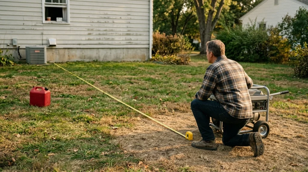 Homeowner checking generator distance, exhaust direction, dry ground, openings, and CO alarm
