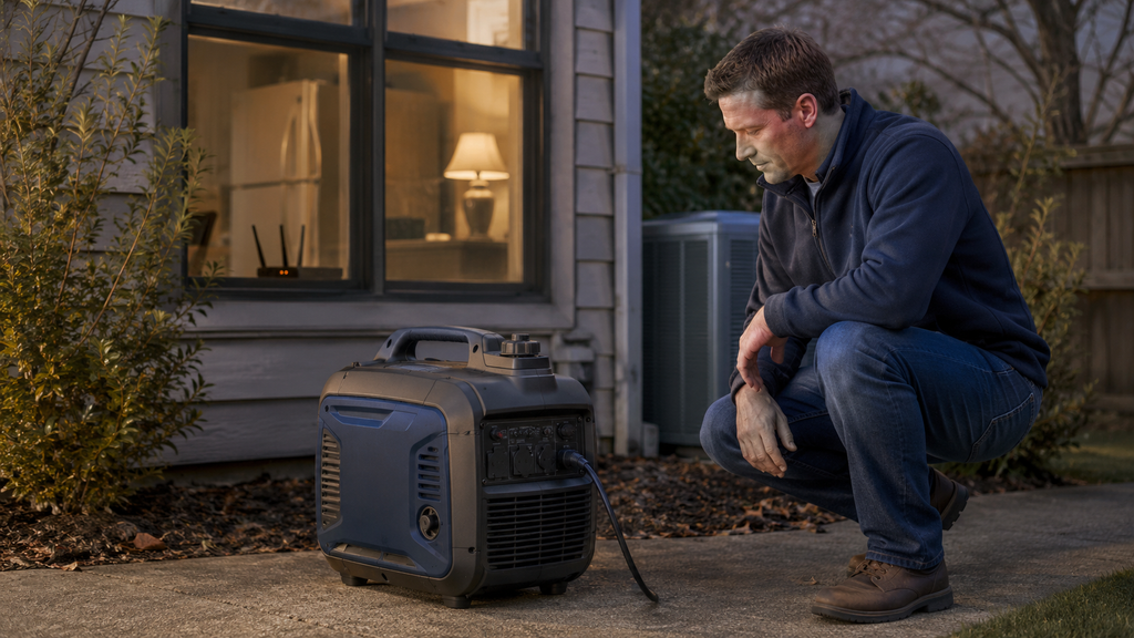 Portable inverter generator positioned safely outdoors for essential household backup power.