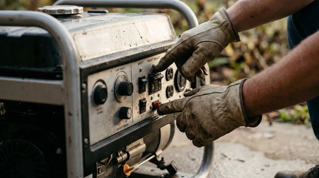 Hands inspecting generator control panel and circuit breakers post-storm.