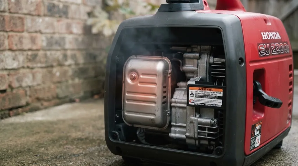 Portable generator hot exhaust muffler showing safety heat risks.