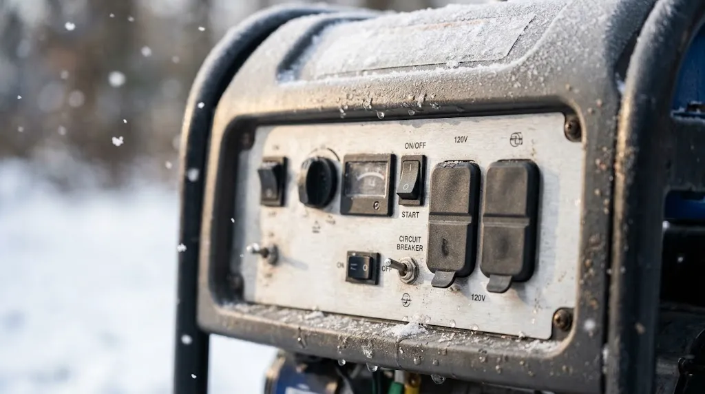 Close-up of a generator control panel outdoors in winter snow.