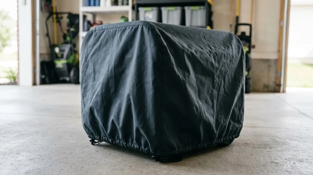 Portable generator protected with a snug storage cover in a garage.