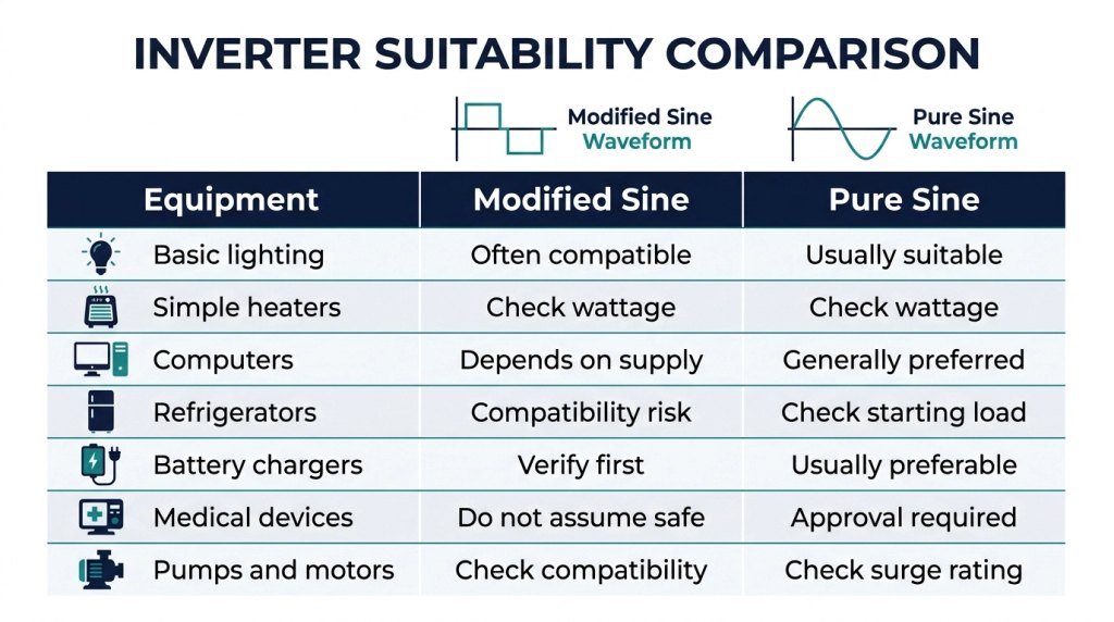 Seven-row chart comparing appliance suitability for modified sine wave and pure sine wave inverters.