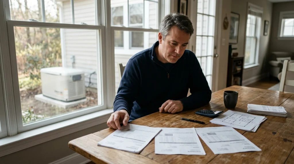 Homeowner comparing standby generator installation quotes at a dining table in a suburban house.
