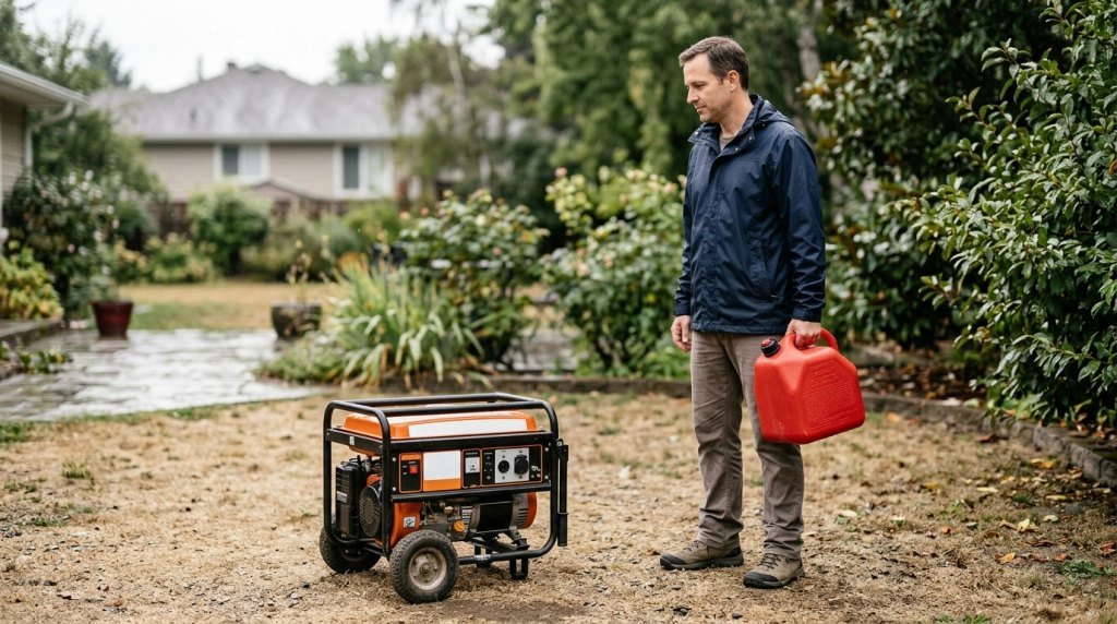 Homeowner holding a closed fuel container beside a switched-off, cooled portable generator outdoors.