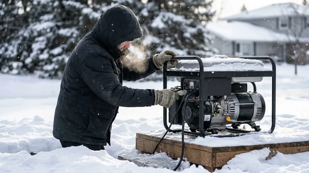 Person inspecting a generator outdoors during a winter storm for routine maintenance.
