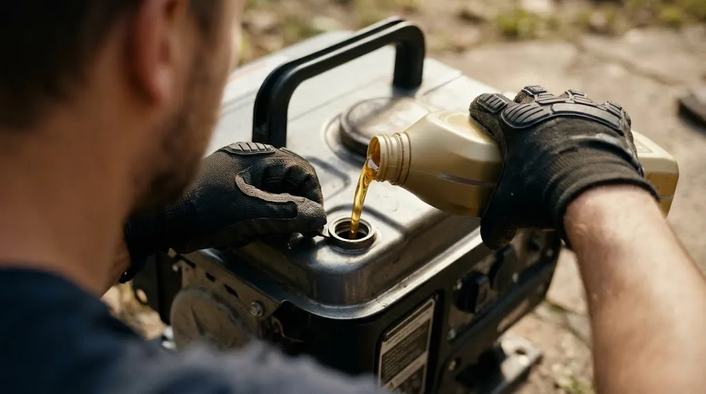 Mechanic topping off fresh engine oil on a portable generator.