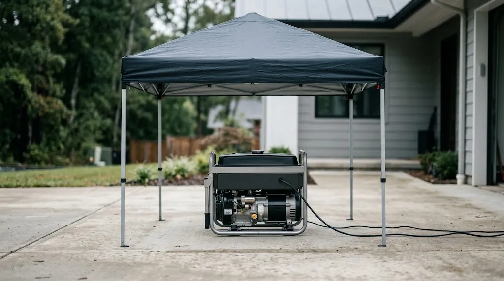 Generator operating safely under an open canopy structure during wet weather.