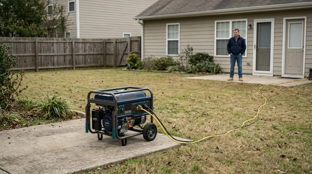 Portable generator positioned at least 20 feet from a home with exhaust directed away from the building.