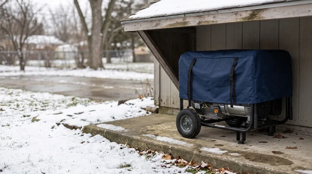 Portable generator stored beneath a roofed shelter away from winter snow and pooling water.