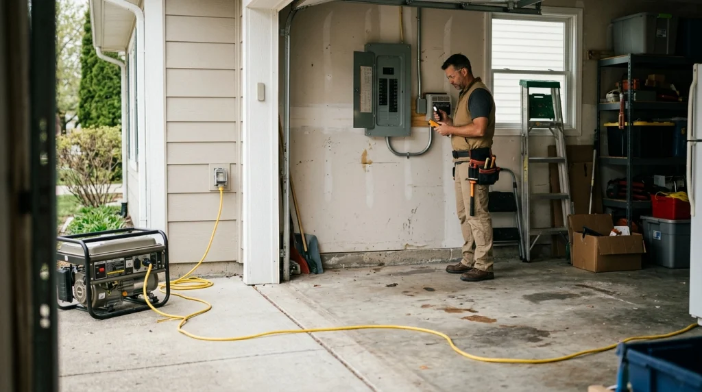 Portable generator powering an appliance while an electrician checks approved home transfer equipment