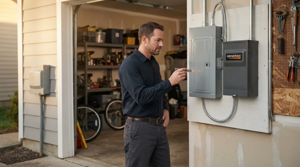 Electrician inspecting a residential generator transfer switch and dedicated inlet beside a household electrical panel.