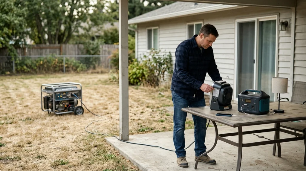 Portable generator and battery power station supplying separate household appliances during an outage.