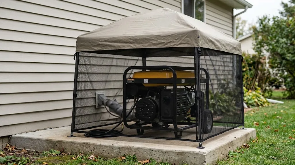 Portable generator safely operating under an open-sided running tent outdoors.