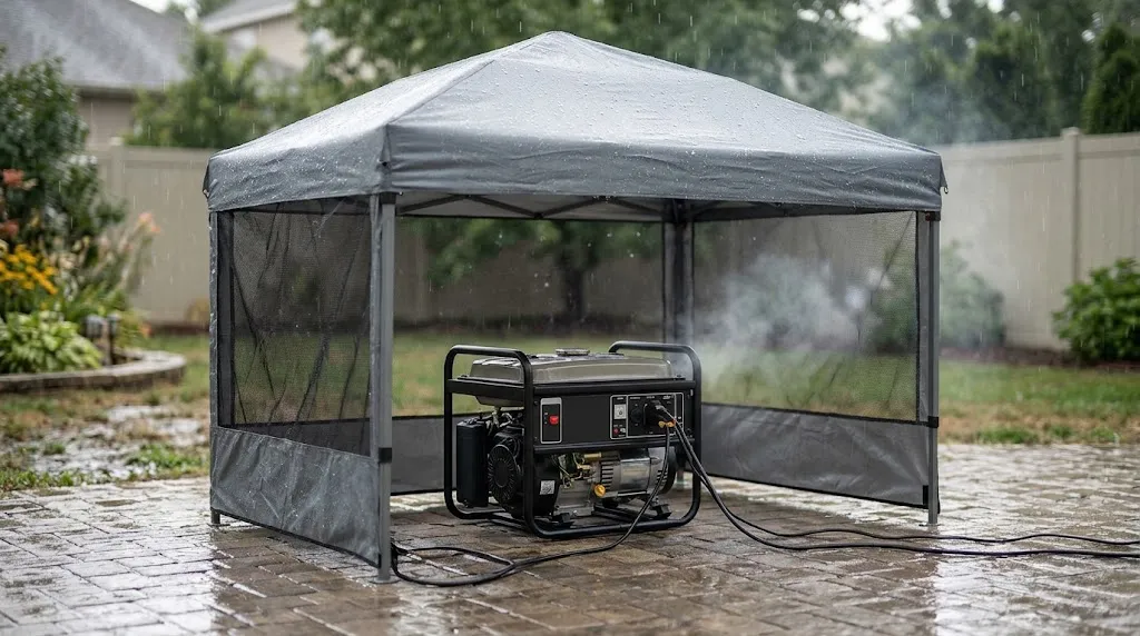 Portable generator operating safely inside a certified open-sided tent in rain.