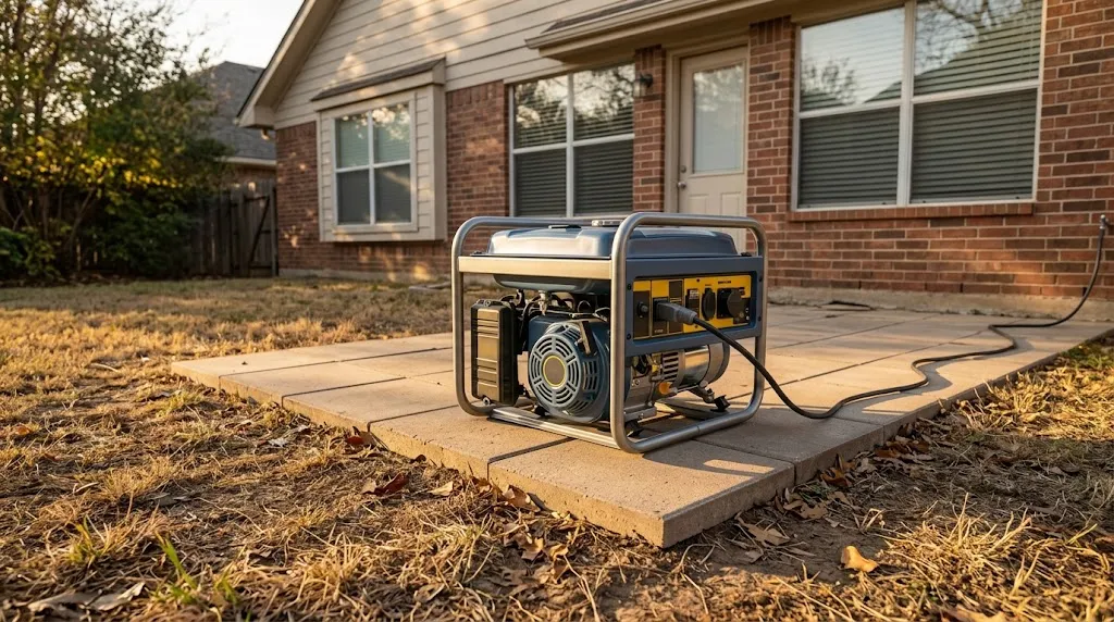 Portable generator placed safely away from a house on concrete pavers.