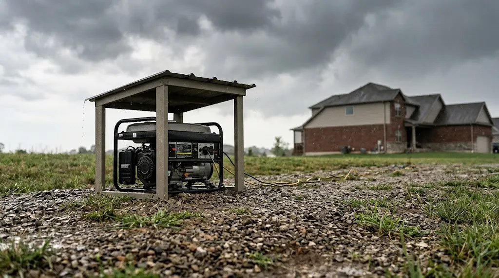 Portable generator placed safely outdoors at a distance from the home during a storm.