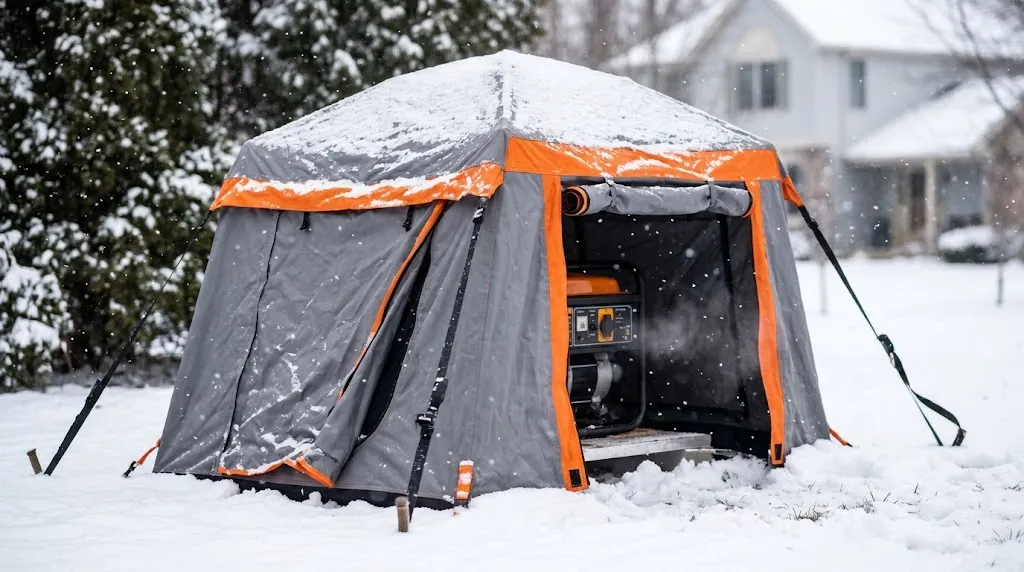 A specialized generator tent protecting a portable generator from winter snow.