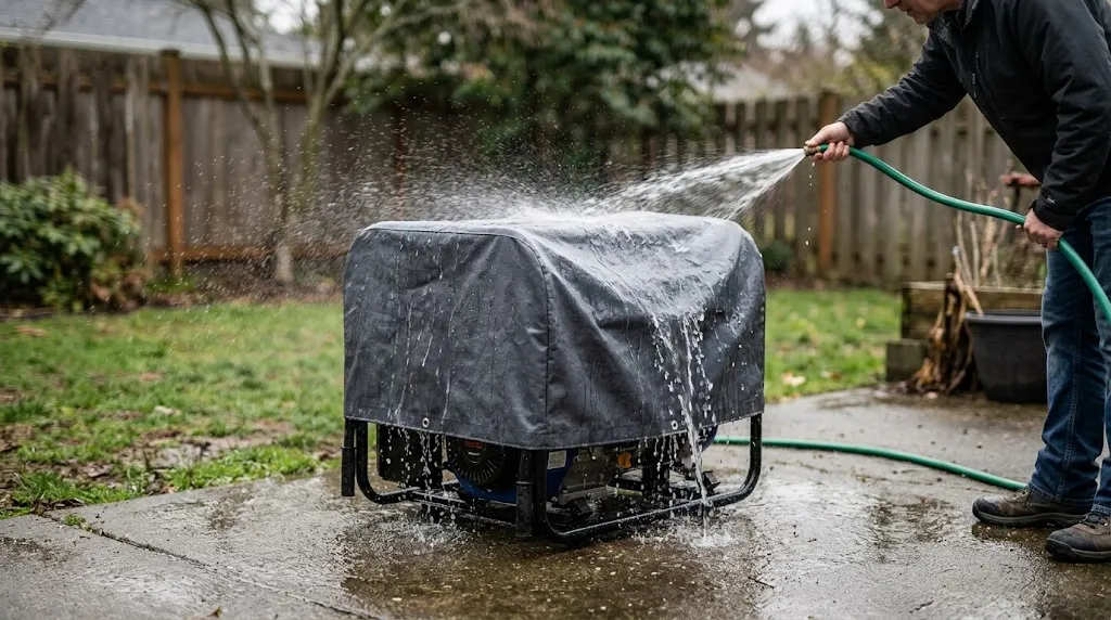 Water-testing a secure generator tarp cover with a garden hose spray outdoors.