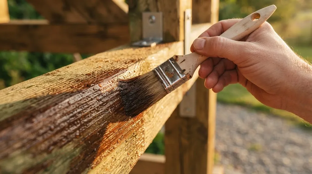 Painting waterproof wood stain on a wooden generator shelter post outdoors.